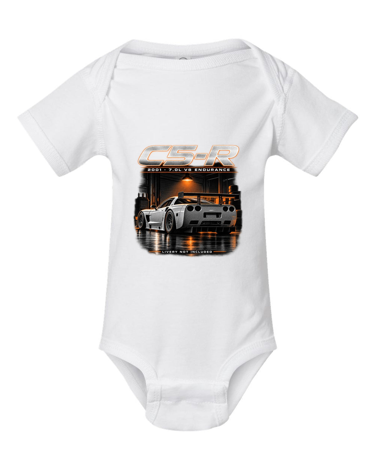 Corvette C5-R race car with big rear wing in a night garage white baby onesie front view with the design