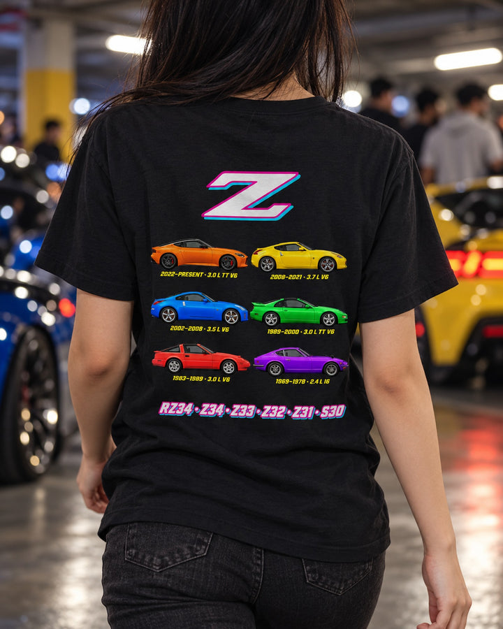 Nissan Z Evolution Poster Full-Back Graphic Tee T-Shirt Black worn hero