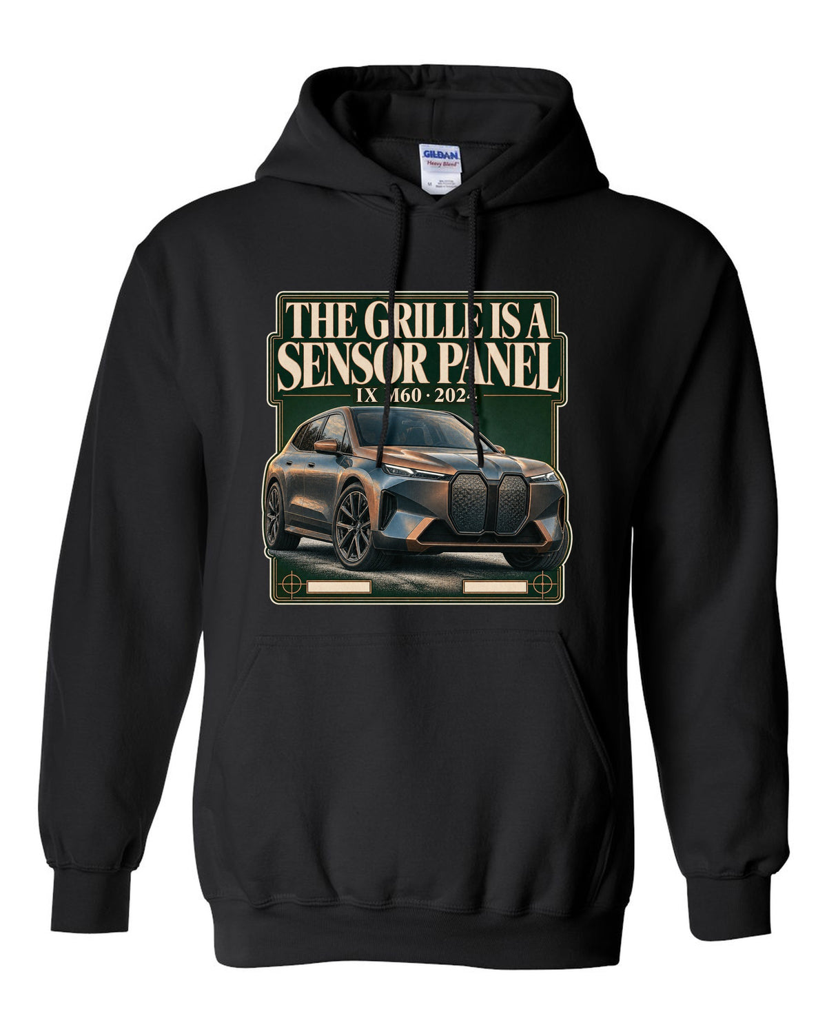 Editorial headline print for the BMW iX M60 I20 saying the grille is a sensor panel black pull over hoodie front view with the design