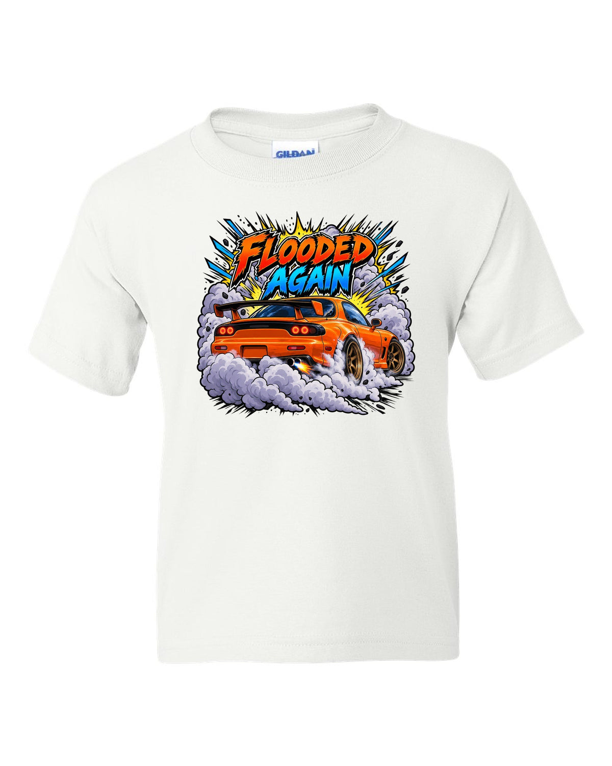 Comic-style Mazda RX-7 FD3S burnout with speed lines and smoke white kids tee front view with the design