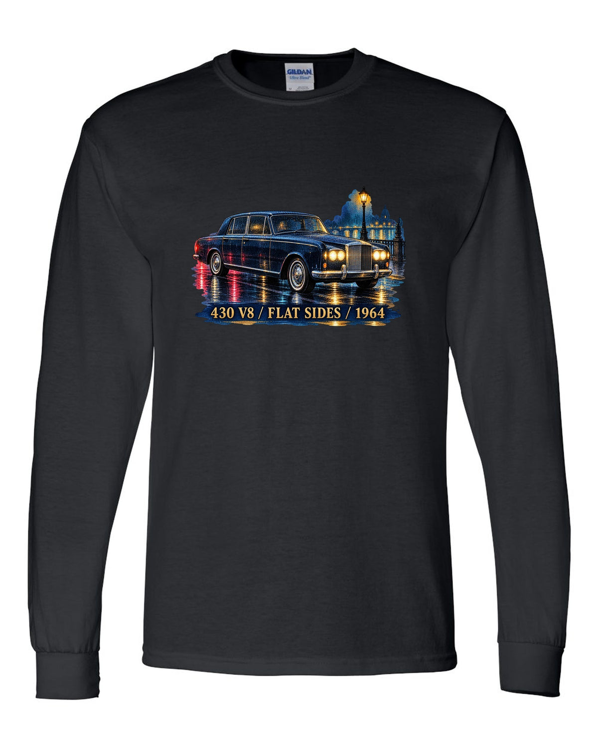 1964 Lincoln Continental on a wet night road in watercolour style black long sleeve front view with the design