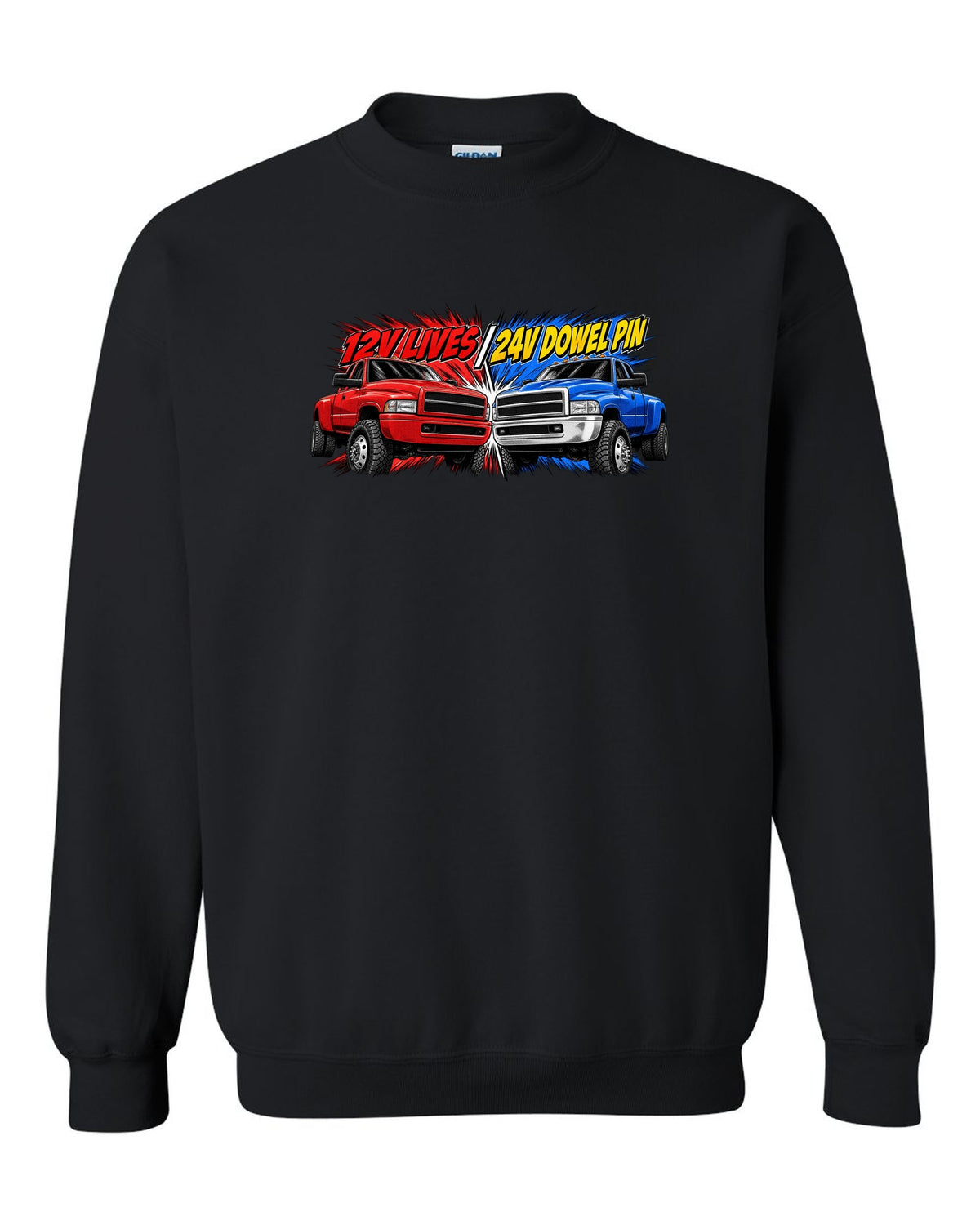 Retro manga halftone print of two Dodge Ram 2nd gen trucks with 12V lives and 24V dowel pin text black crewneck front view with the design