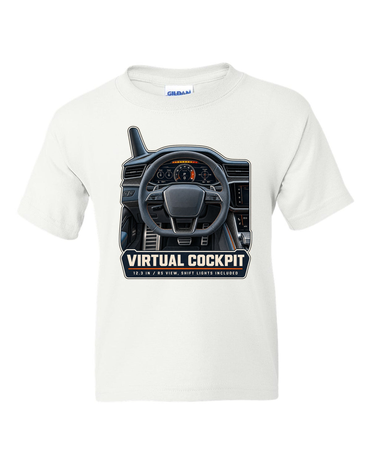 Audi RS7 Sportback C8 virtual cockpit gauge cluster print design white kids tee front view with the design