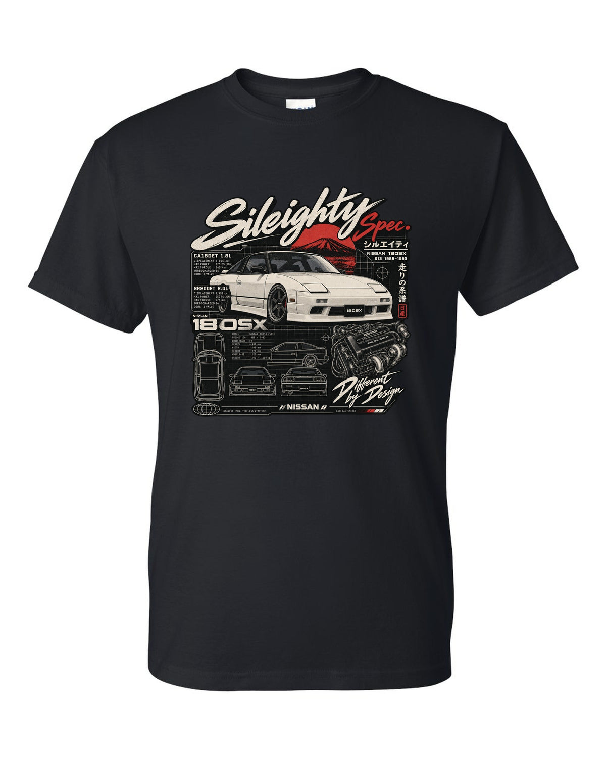 Spec-sheet data plate print for the Nissan 180SX S13 listing CA18DET and SR20DET engines black t-shirt front view with the design