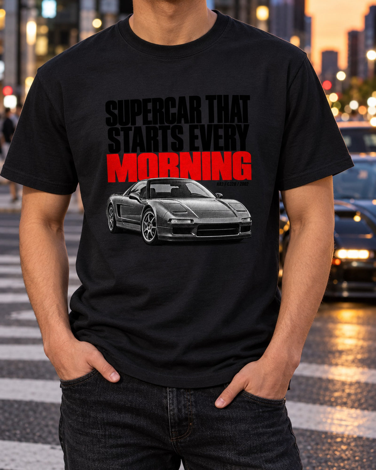 Honda NSX NA2 Starts Every Morning Halftone Statement Tee T-Shirt Black worn hero