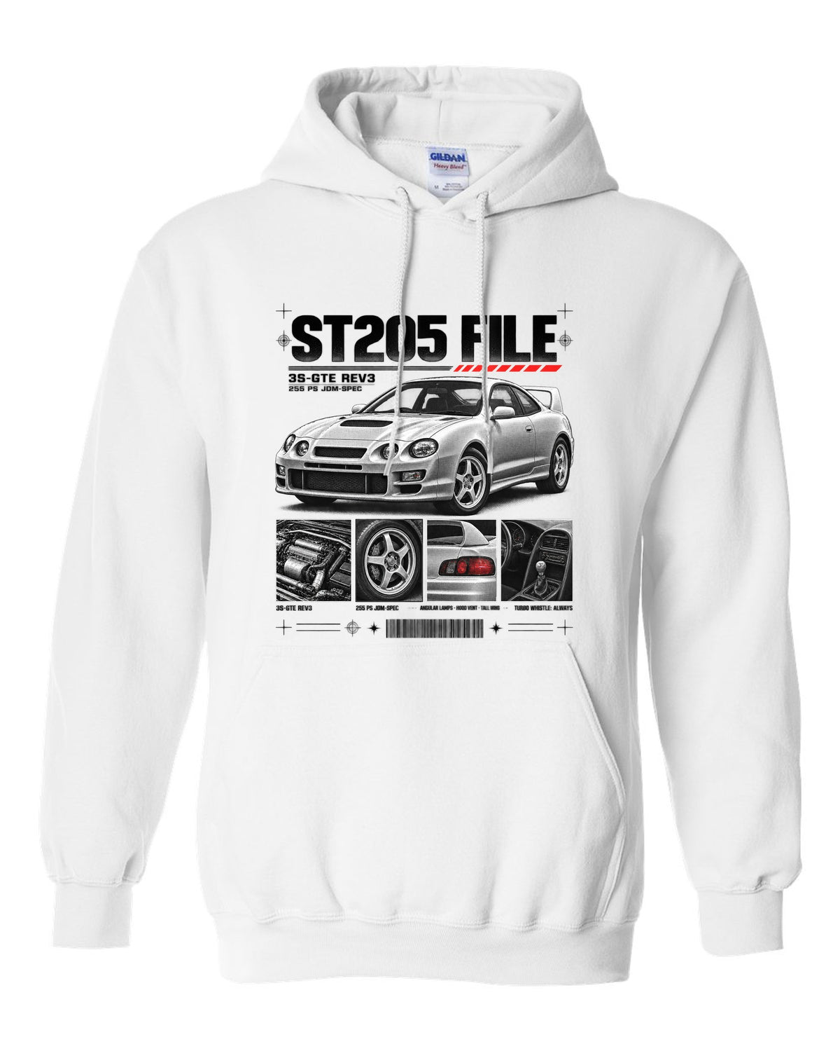 Dossier panel print of a Toyota Celica GT-Four ST205 with 3S-GTE Rev3 and 255 PS text white pull over hoodie front view with the design