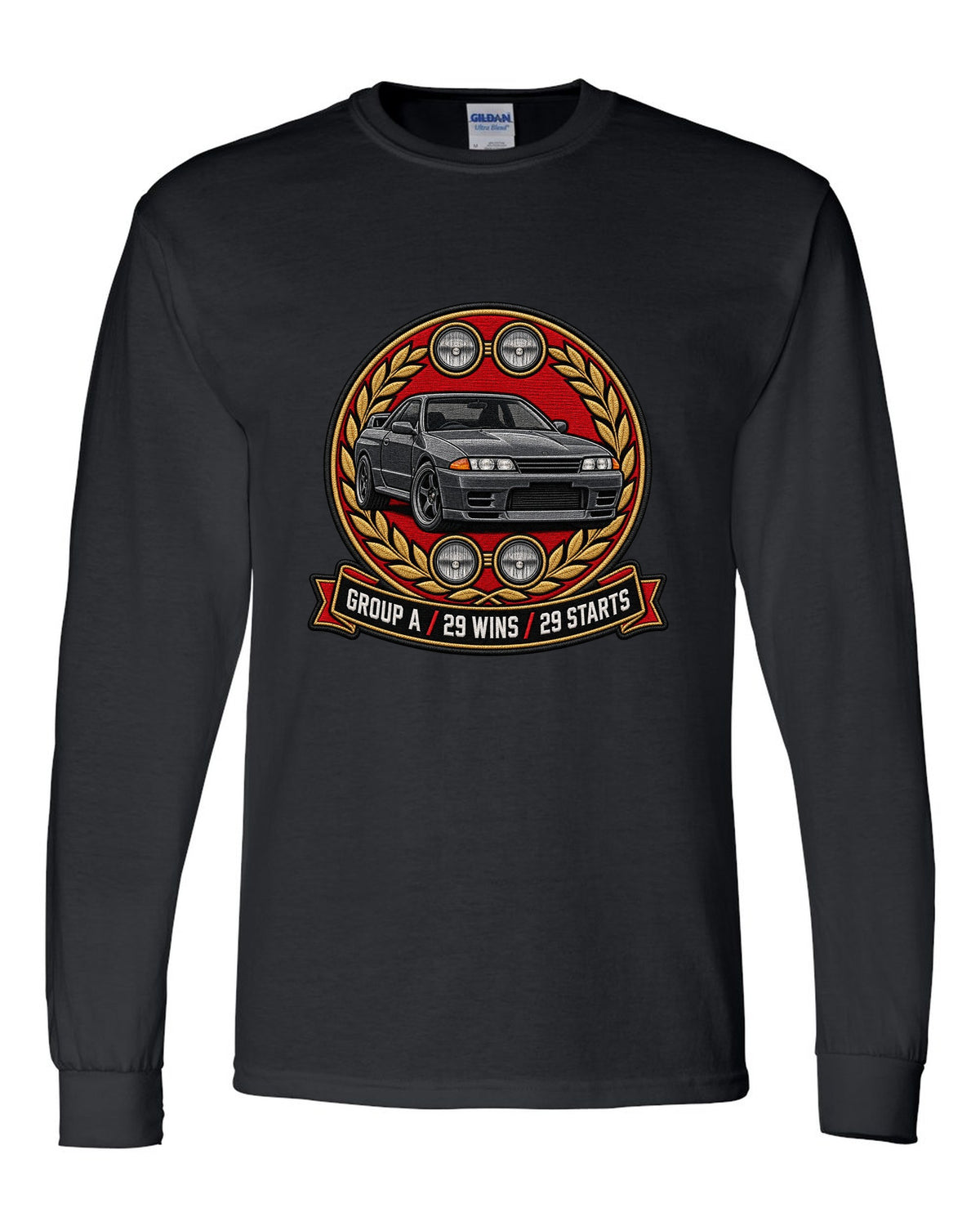 Embroidery-style round crest print for the Nissan Skyline GT-R R32 BNR32 with Group A 29 wins text black long sleeve front view with the design