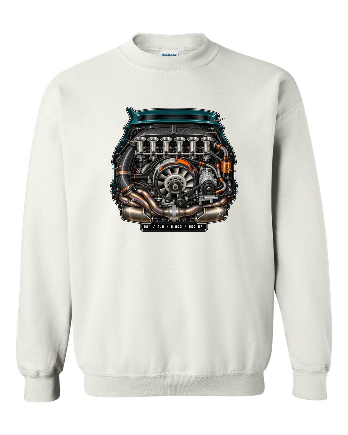 Porsche 911 SC 3.0 embroidery-style crest design reading head stud roulette white crewneck front view with the design
