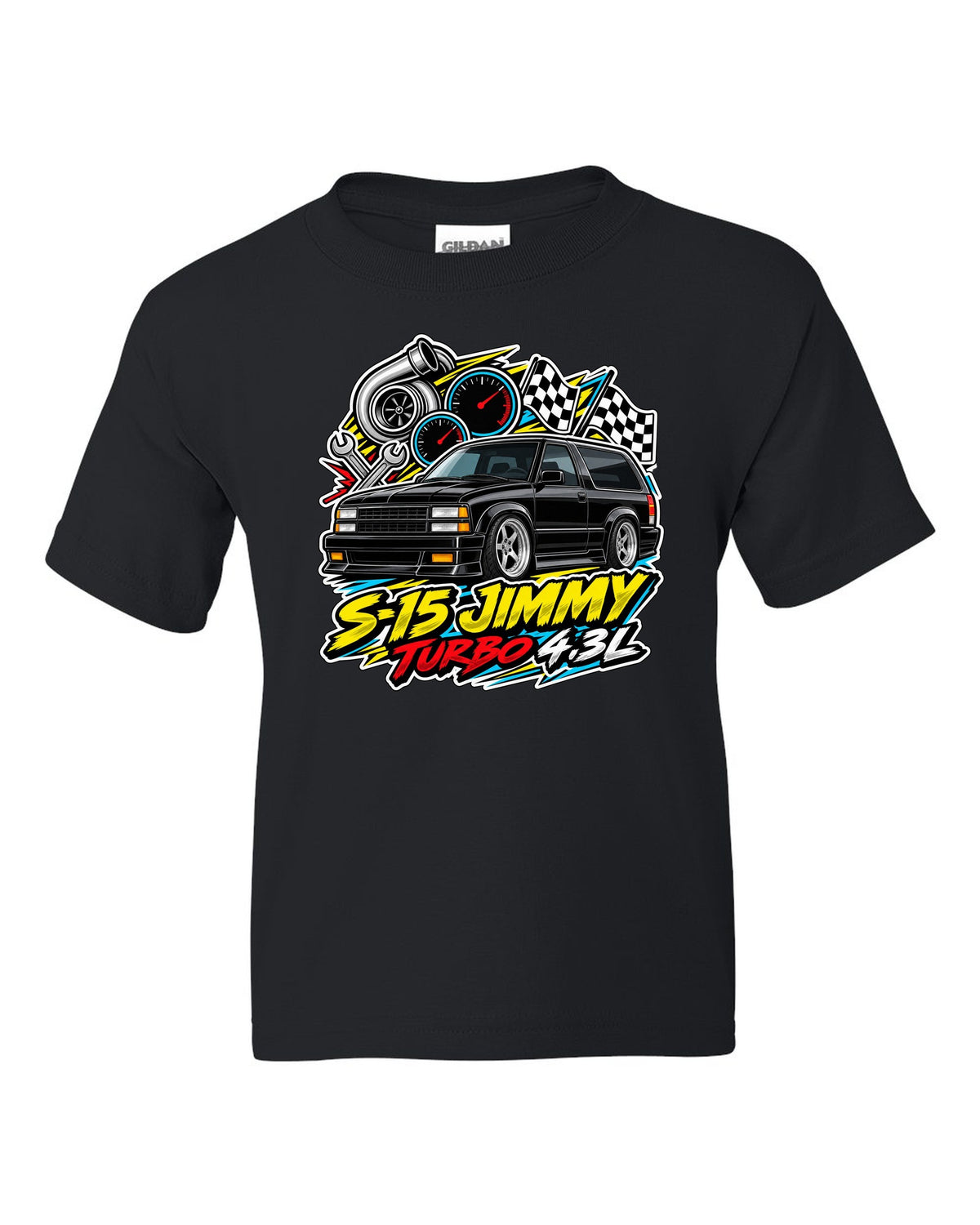 Sticker-bomb collage print of a 1992-93 GMC Typhoon with S-15 Jimmy Turbo 4.3L lettering black kids tee front view with the design