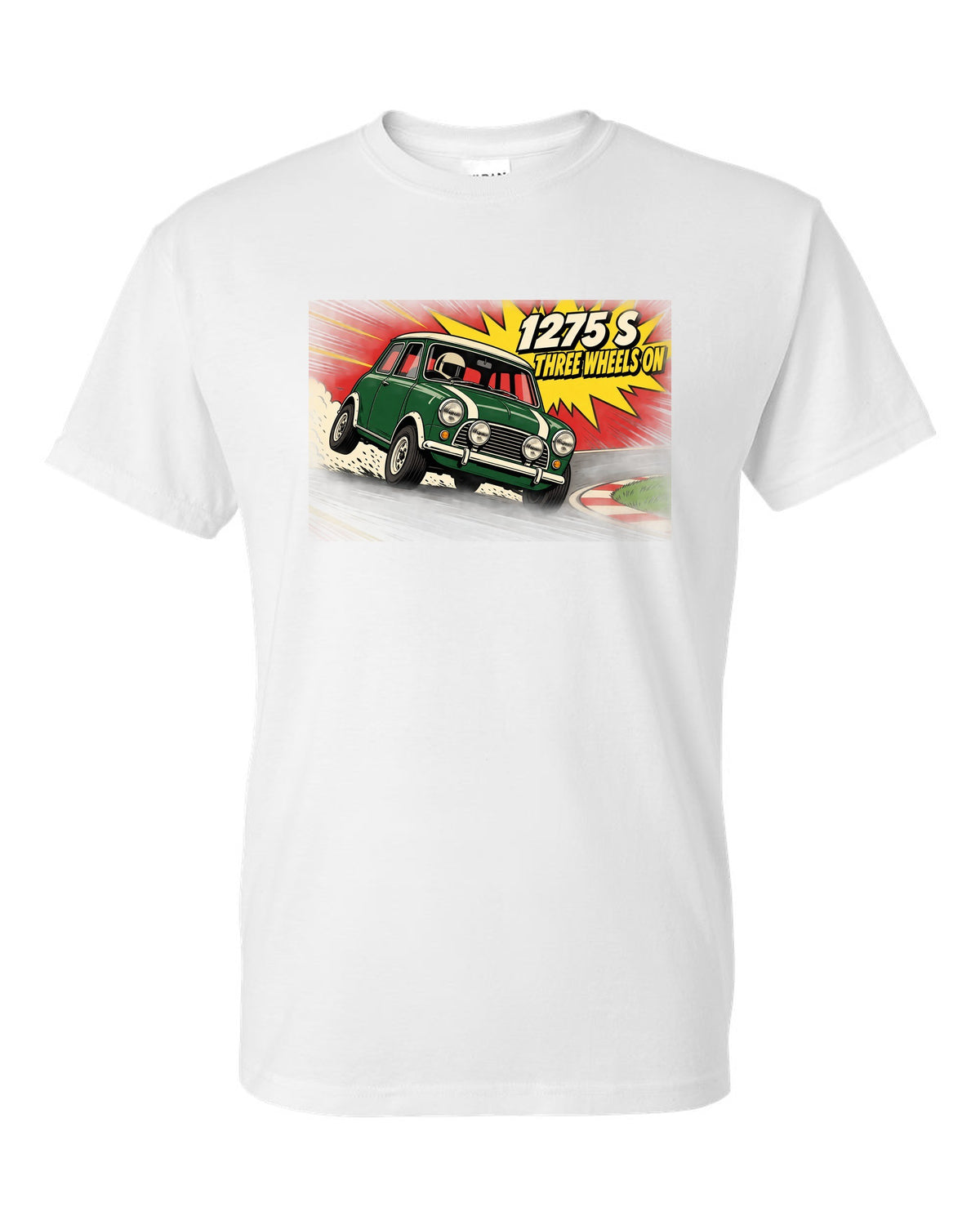 Pop-art flat colour print of a Classic Mini Cooper S 1275 S on three wheels with speed lines white t-shirt front view with the design