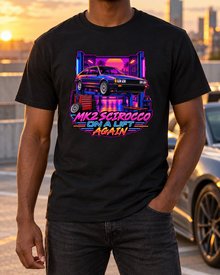 VW Scirocco Mk2 Synthwave Workshop Tee, On a Lift Again T-Shirt Black worn hero