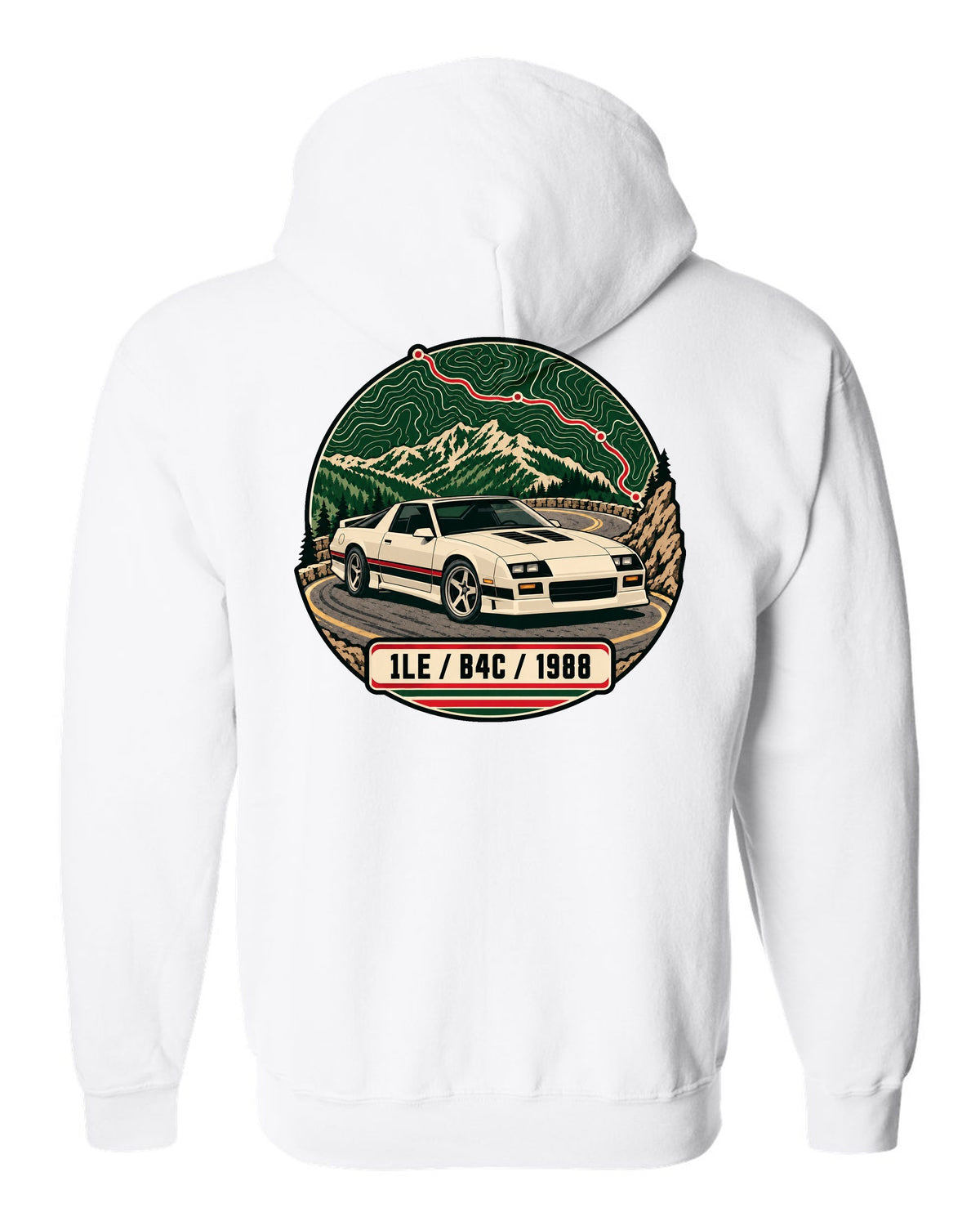 1988 Chevrolet Camaro 1LE topographic route map print with 1LE B4C 1988 text white zip hoodie back view with the design