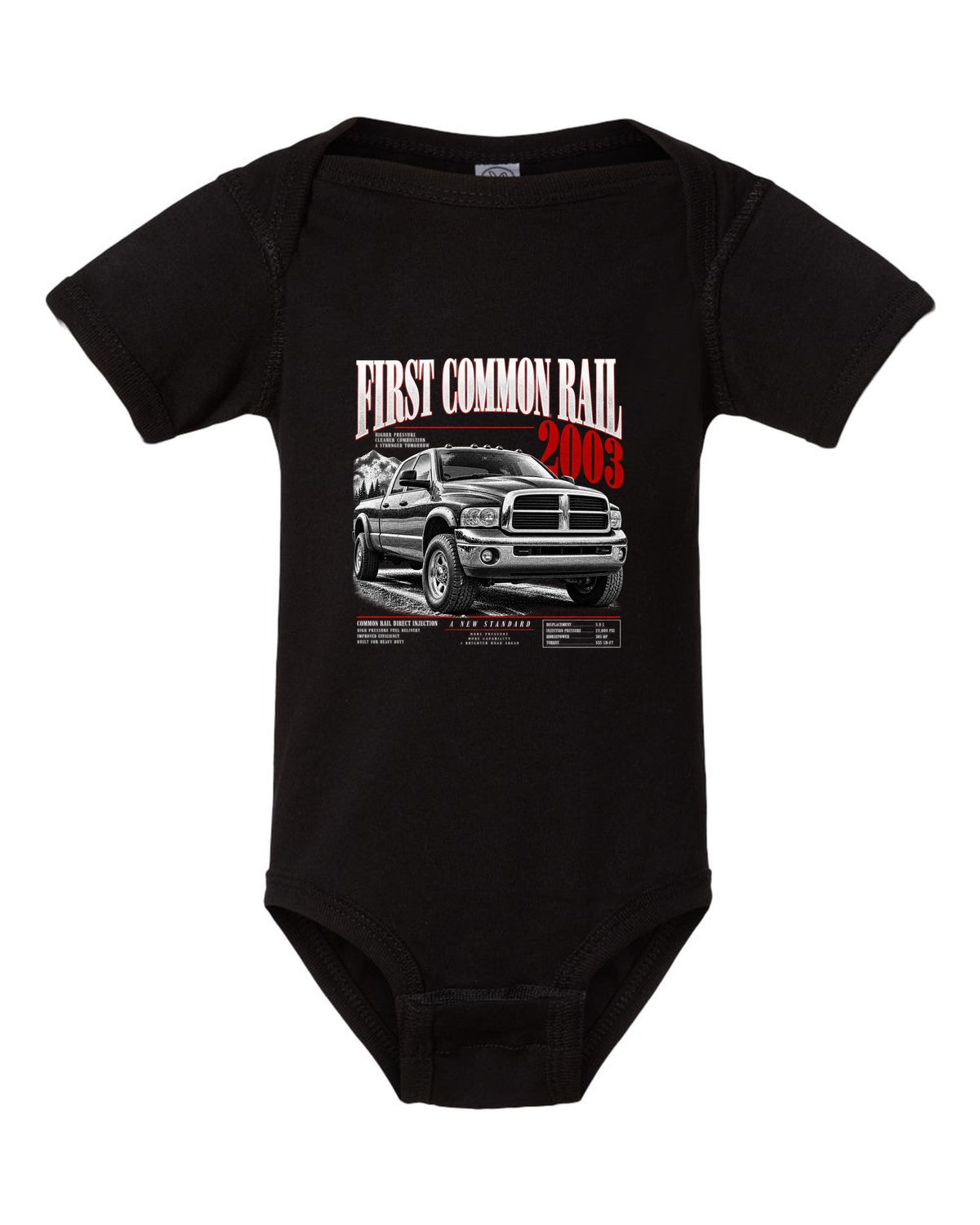 Editorial headline of a 2003-2009 Ram 2500 3rd gen with the text First Common Rail 2003 black baby onesie front view with the design