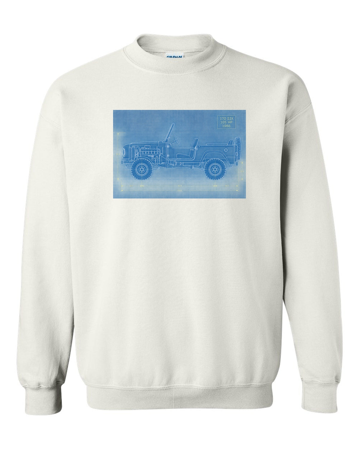 Blueprint-style line art of a 1966 Ford Bronco U13 roadster at a trailhead with 170 SIX 105 HP notes white crewneck front view with the design
