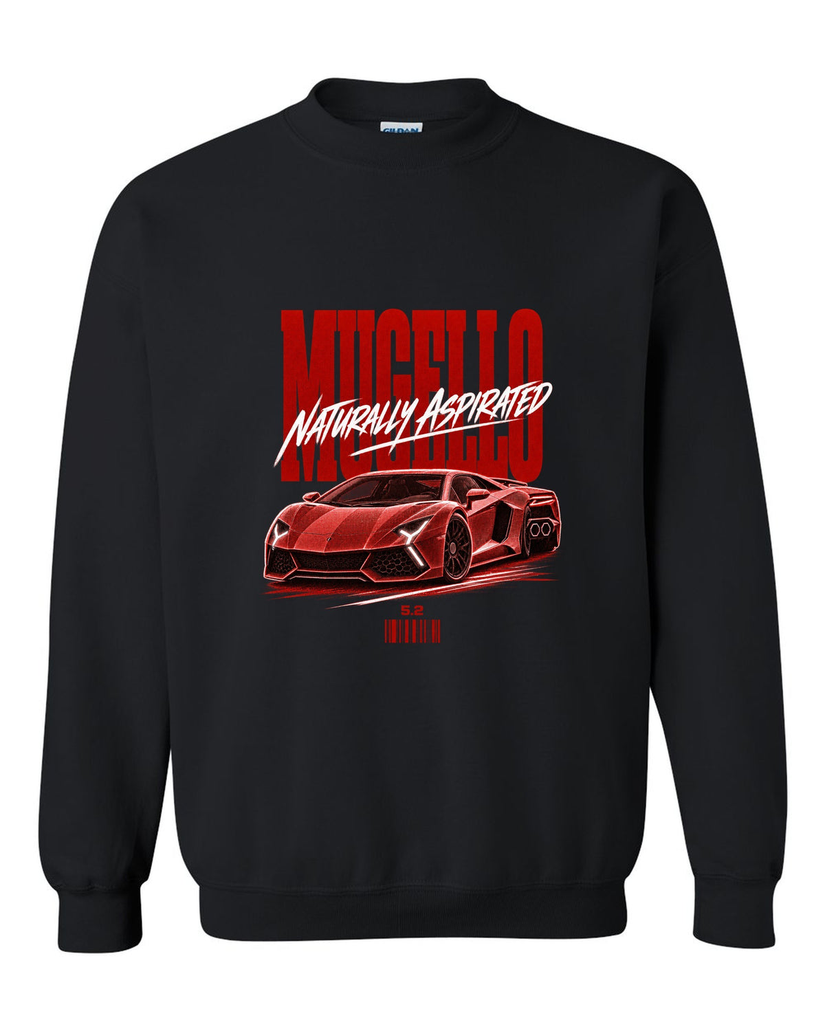 Street poster print of a Lamborghini Huracan Tecnica LP640-2 with Mugello and Naturally Aspirated text black crewneck front view with the design