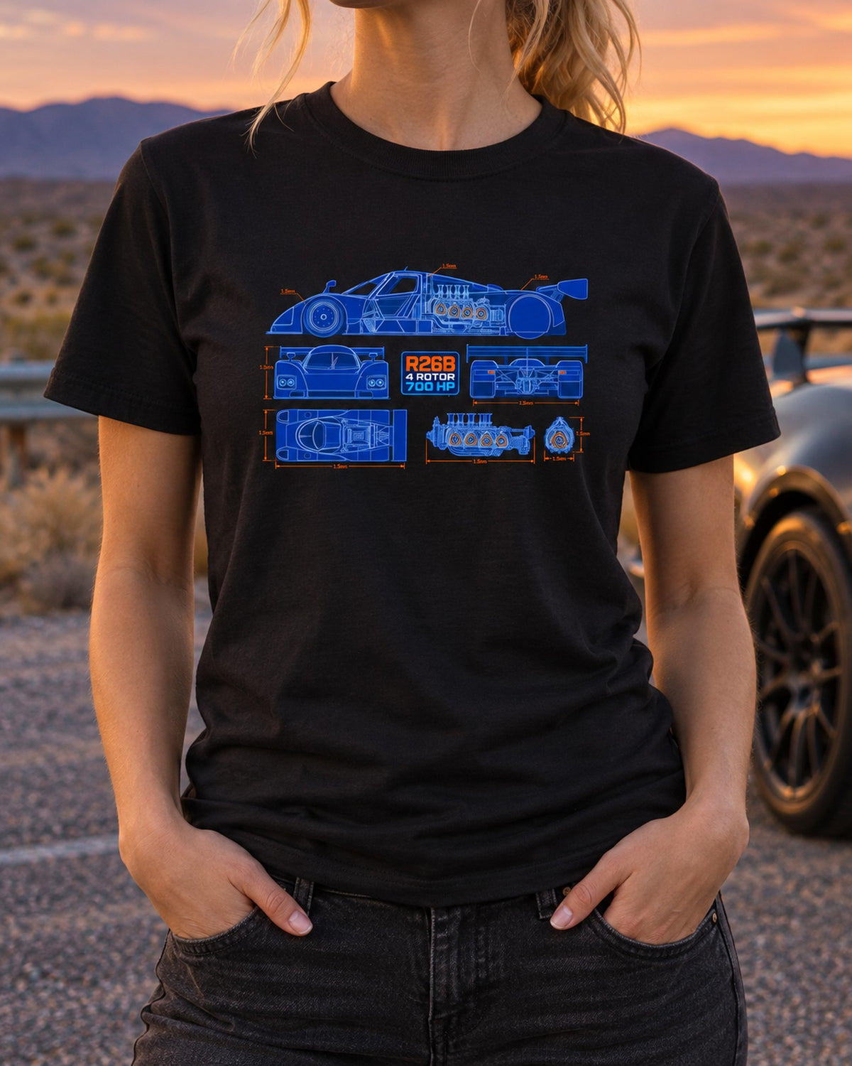 Mazda 787B R26B Engine Cutaway Blueprint Shirt, 4 Rotor T-Shirt Black worn hero
