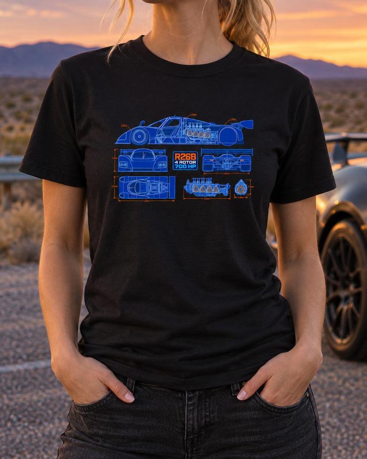 Mazda 787B R26B Engine Cutaway Blueprint Shirt, 4 Rotor T-Shirt Black worn hero