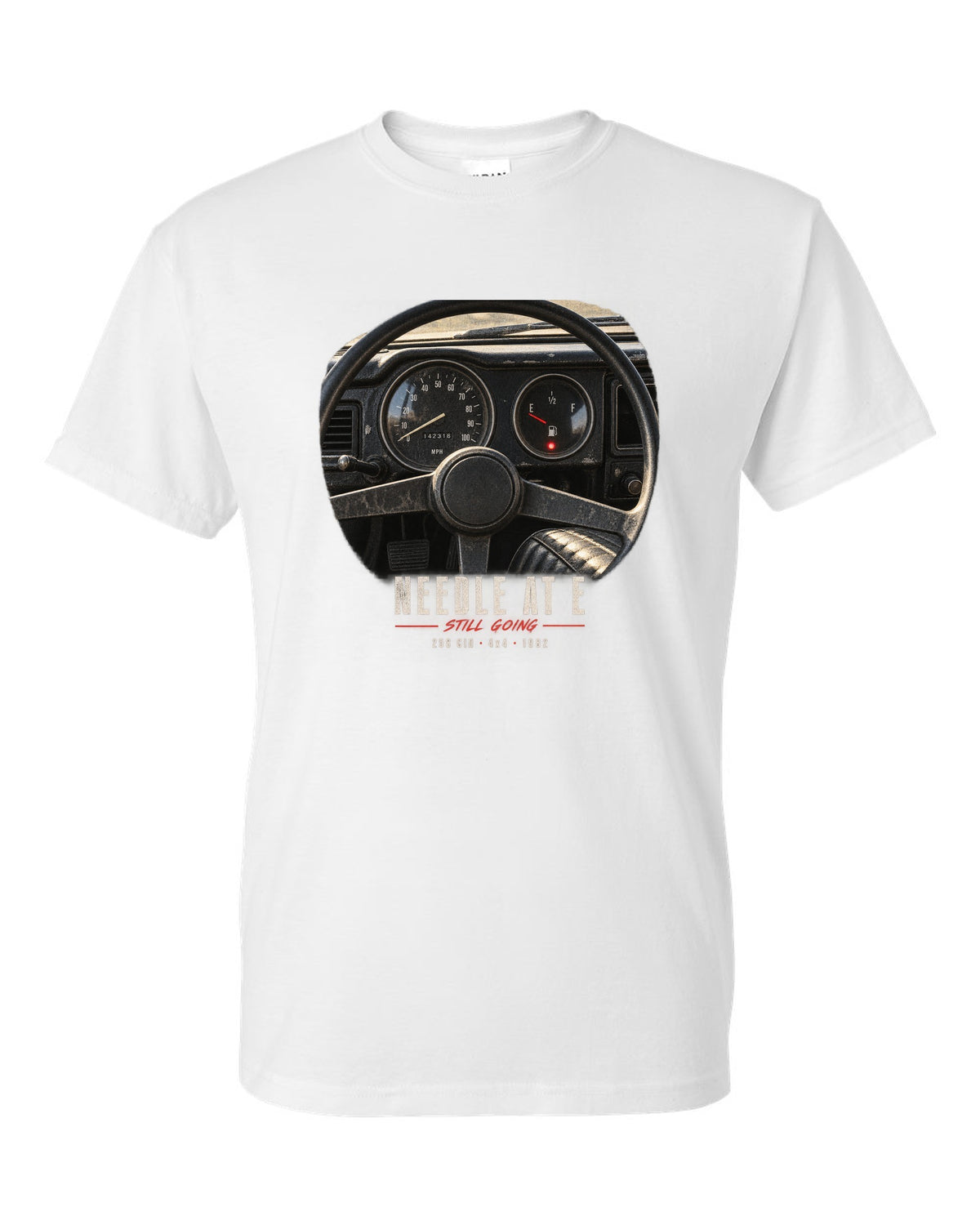 Gauge cockpit print for the Jeep CJ-7, Needle At E Still Going white t-shirt front view with the design