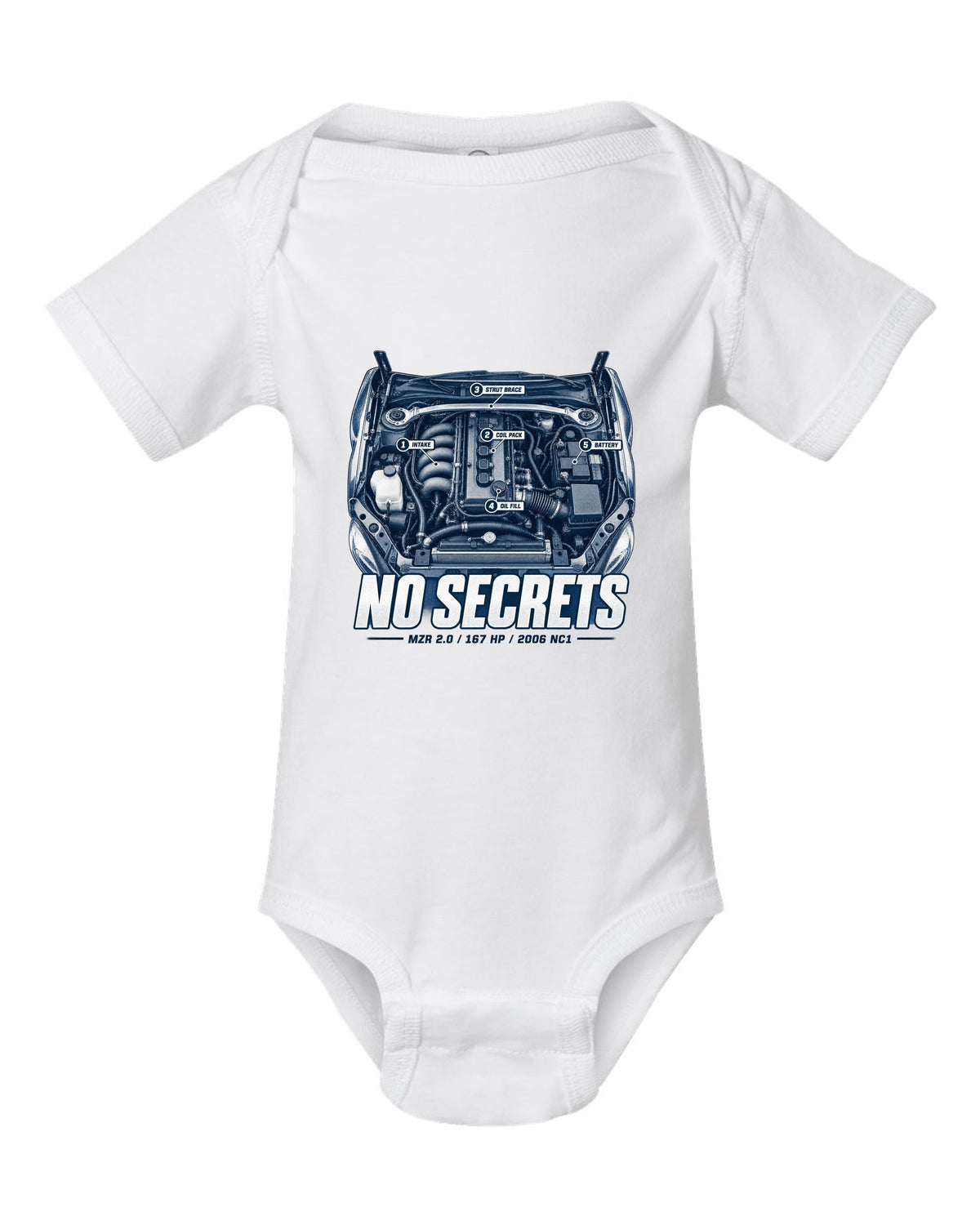 Engine hero print for the 2006 Mazda MX-5 NC1 with MZR 2.0 and 167 HP lettering white baby onesie front view with the design