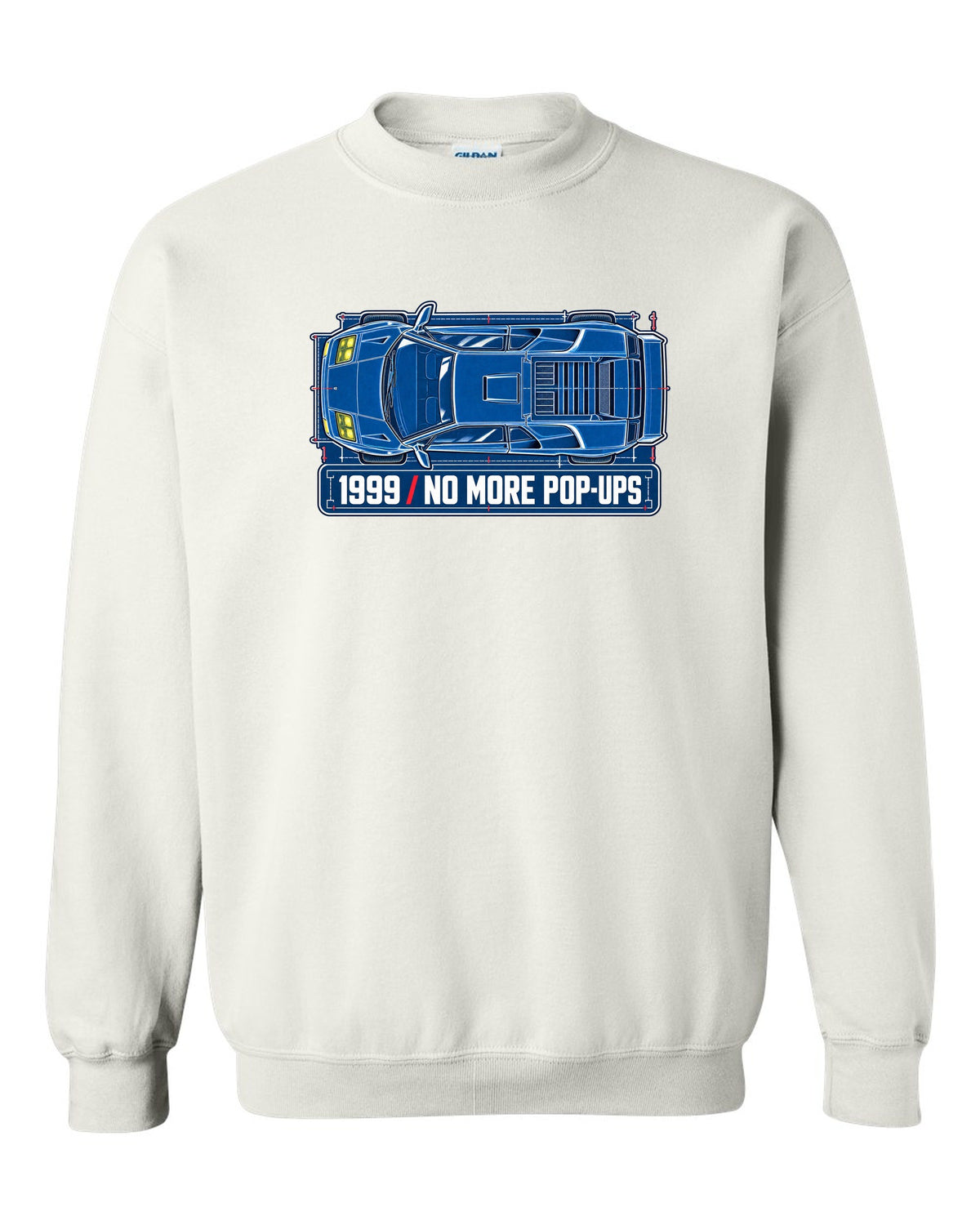 Cyanotype blueprint of a 1999 facelift Lamborghini Diablo with no more pop-ups lettering white crewneck front view with the design