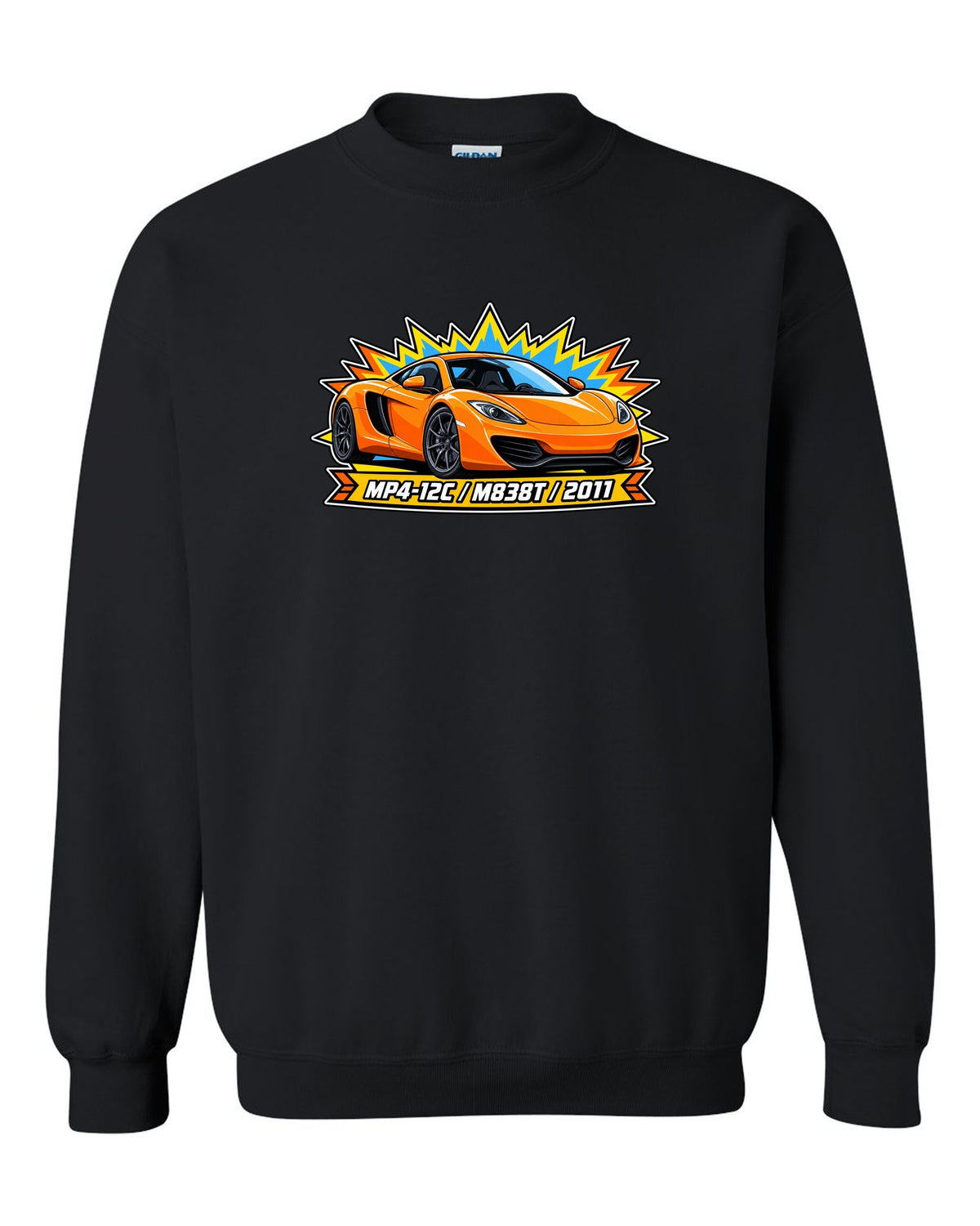 Toy blister card print of a McLaren 12C with MP4-12C, M838T and 2011 lettering black crewneck front view with the design