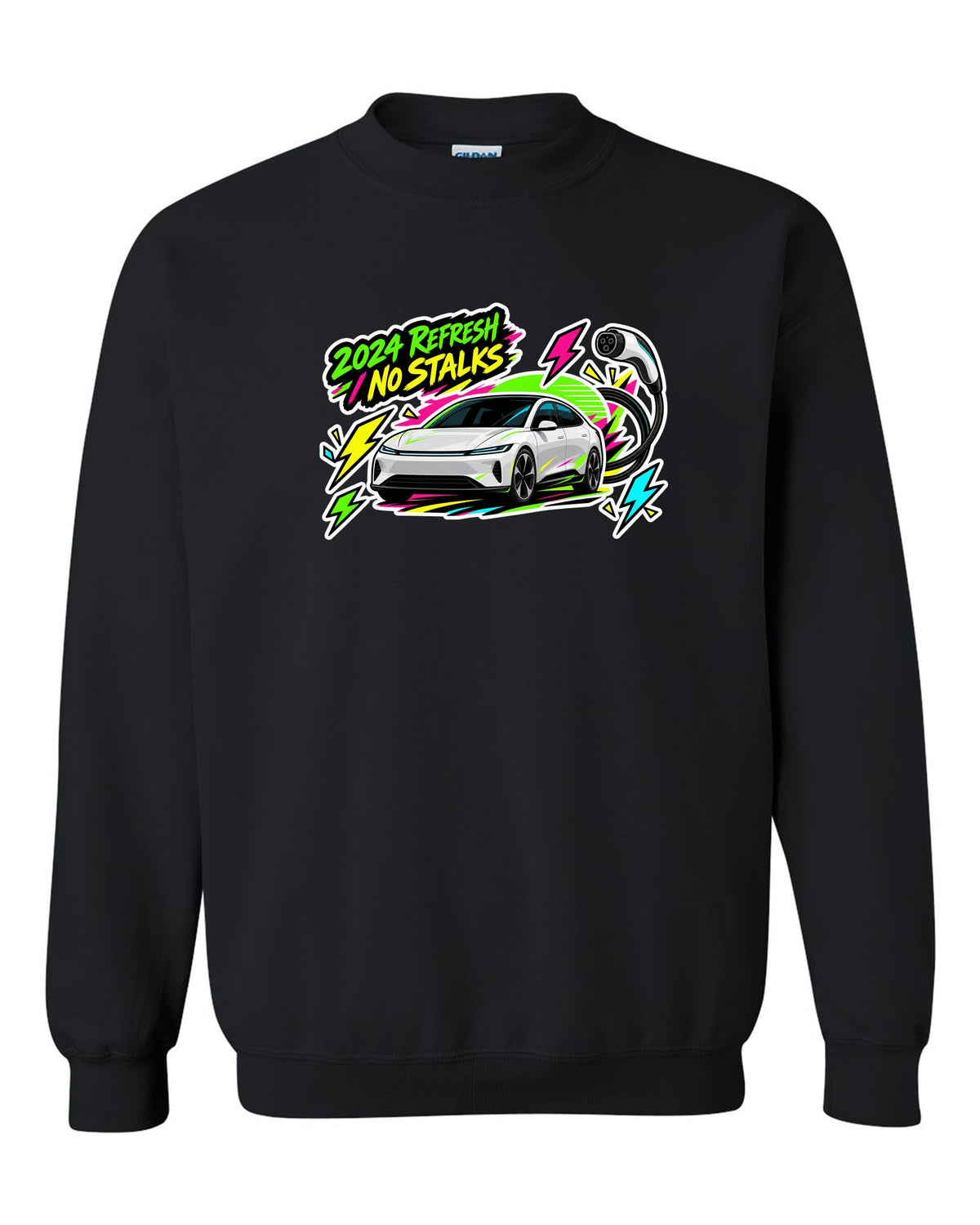Sticker bomb collage print of a Tesla Model 3 Highland with the text 2024 Refresh No Stalks black crewneck front view with the design