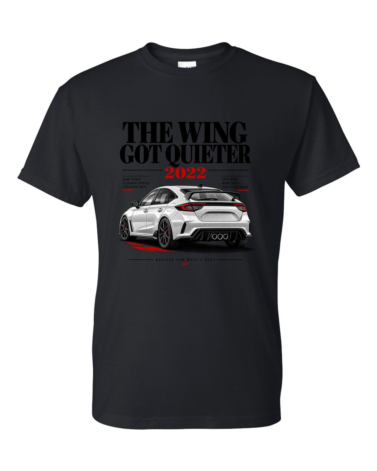 Honda Civic FL5 chback editorial headline design about the quieter rear wing black t-shirt front view with the design