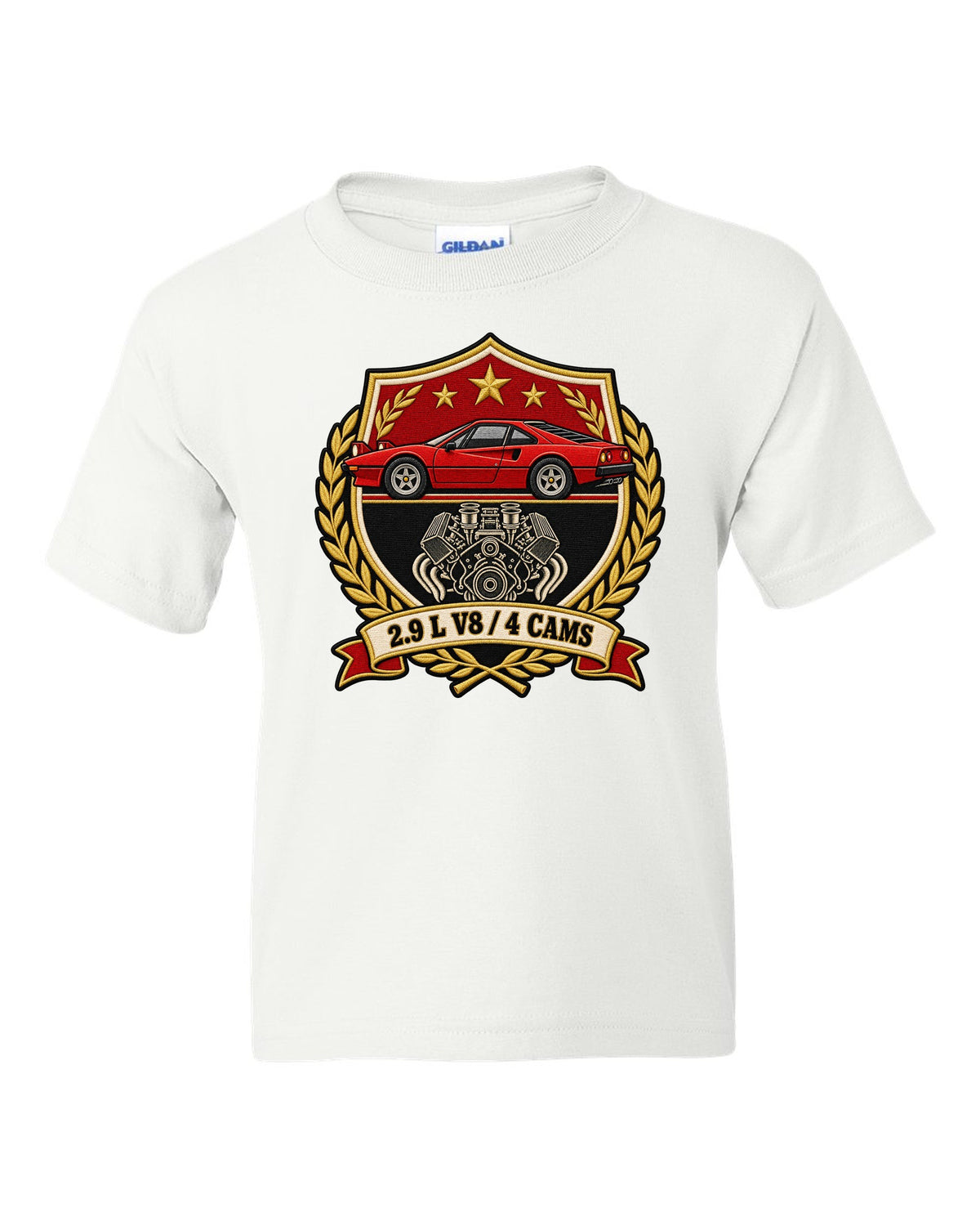 Varsity crest print for the Ferrari 308 GTB with the text 2.9 L V8, 4 cams white kids tee front view with the design