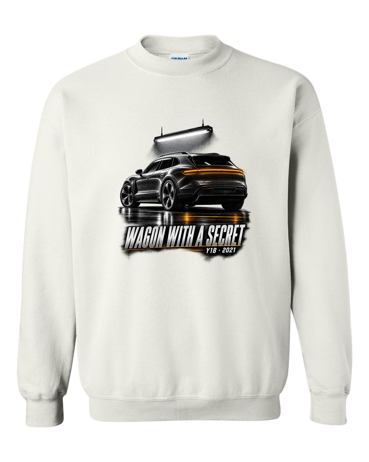 Porsche Taycan Cross Turismo Y1B in a dark garage, print design white crewneck front view with the design