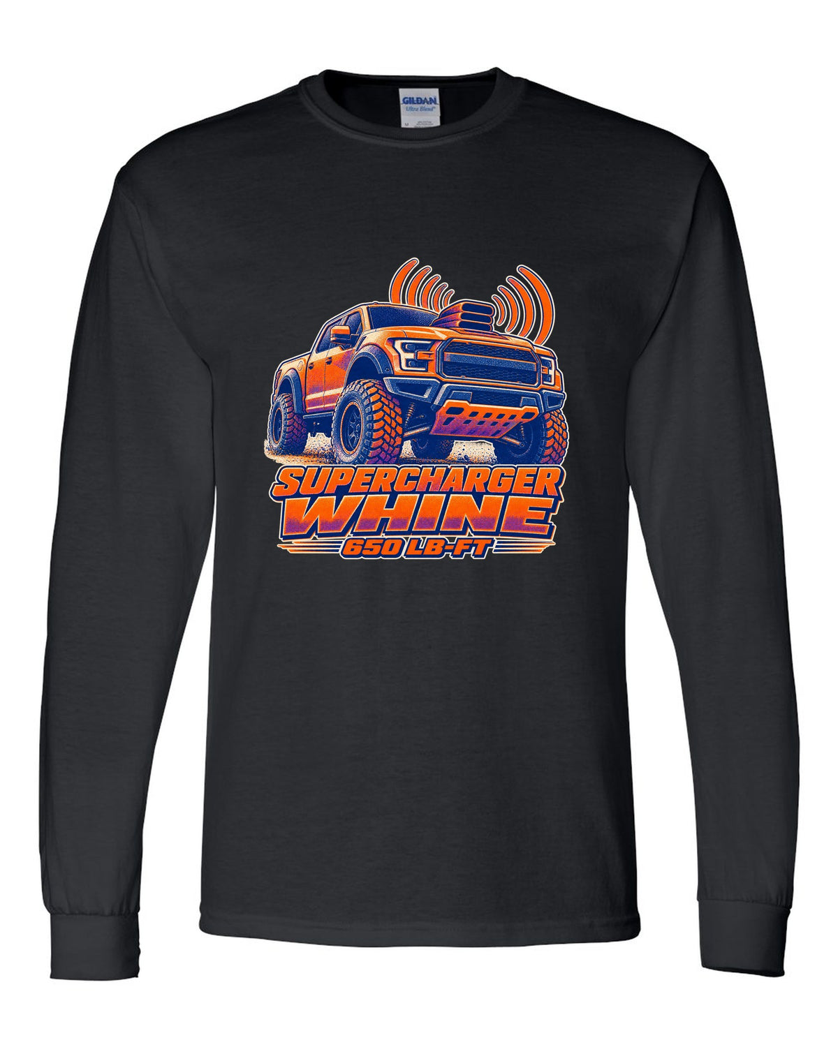 Halftone risograph print of a Ram 1500 TRX hood scoop with supercharger whine text black long sleeve front view with the design