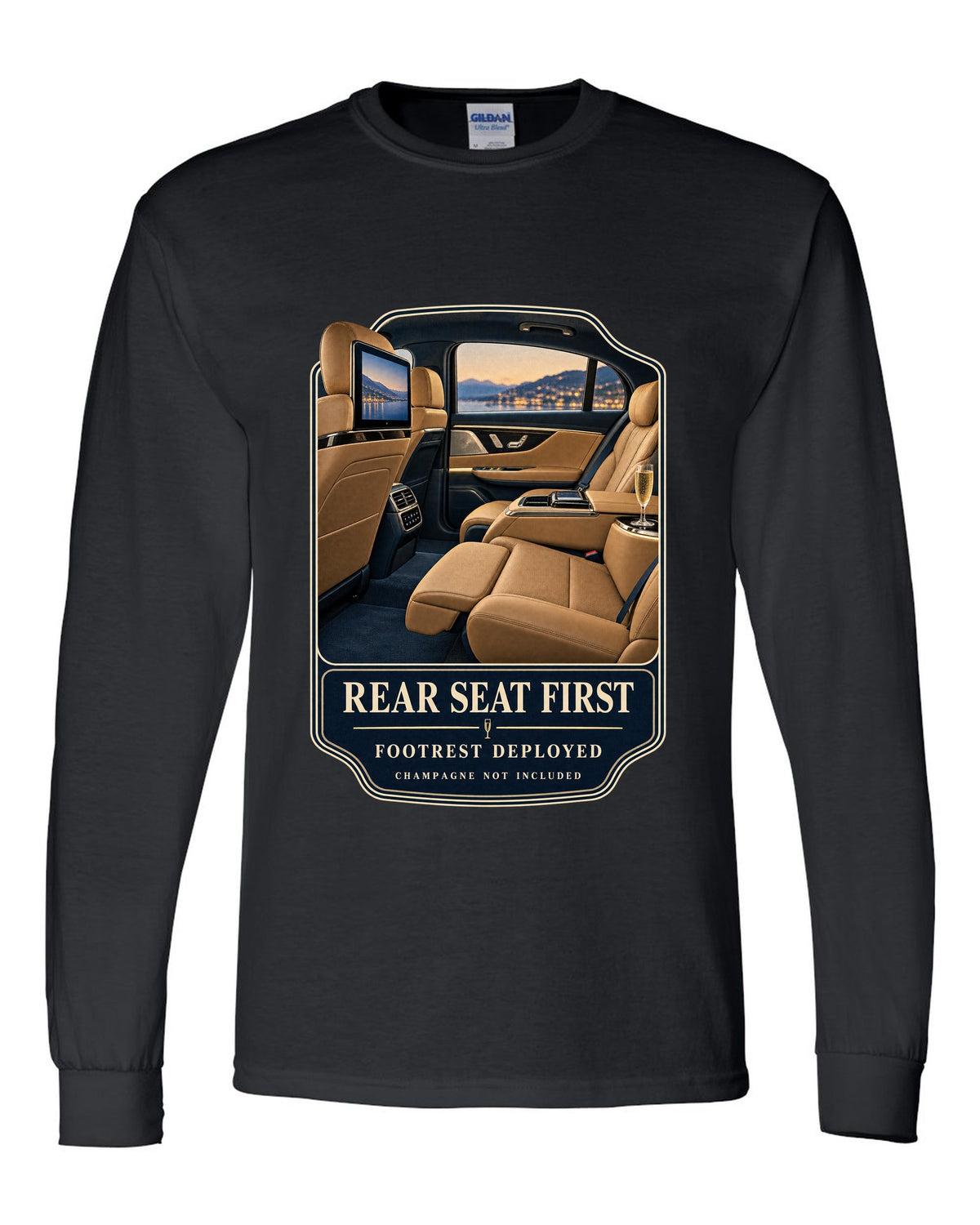 print of the Mercedes-Maybach S680 rear executive cabin with footrest deployed black long sleeve front view with the design