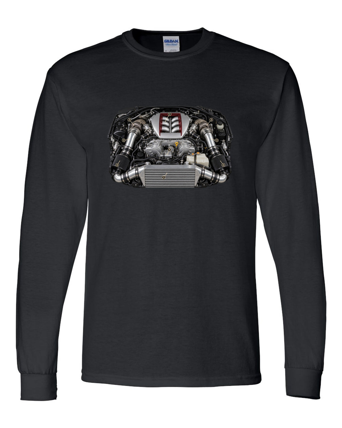 Nissan GT-R R35 early VR38DETT engine poster-style drawing black long sleeve front view with the design