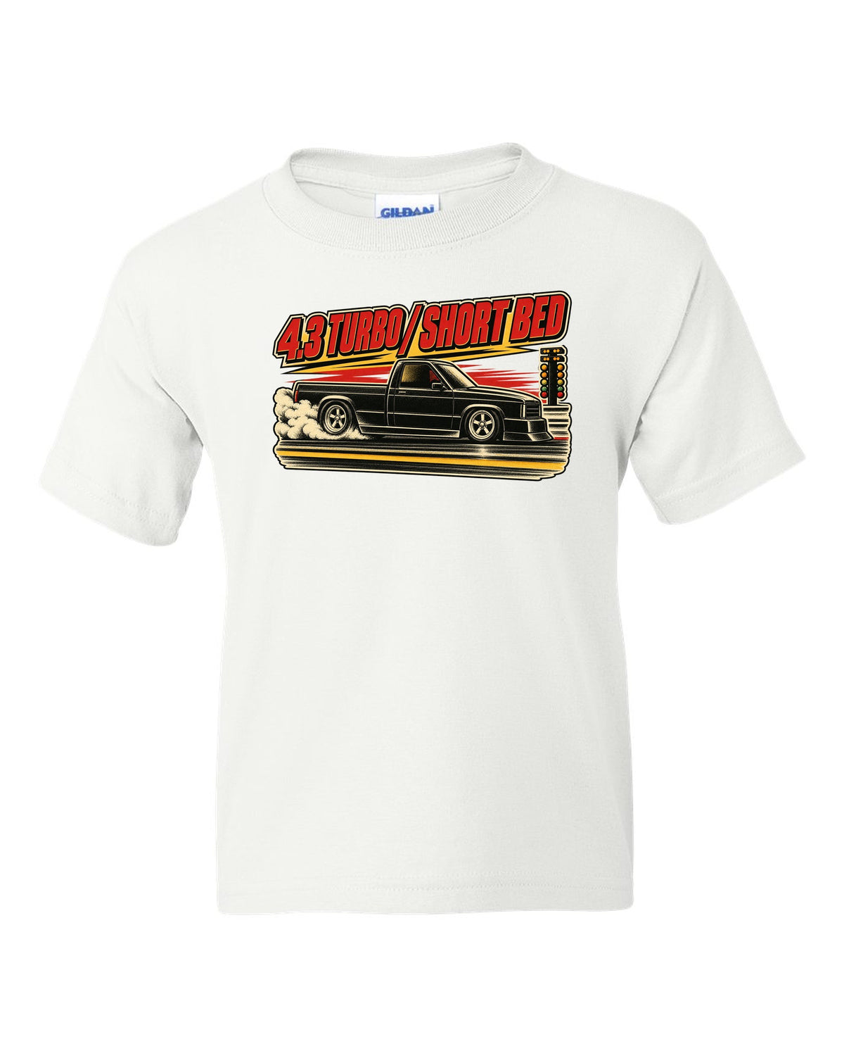 1960s lithograph drag race poster featuring a 1991 GMC Syclone with 4.3 TURBO / SHORT BED text white kids tee front view with the design