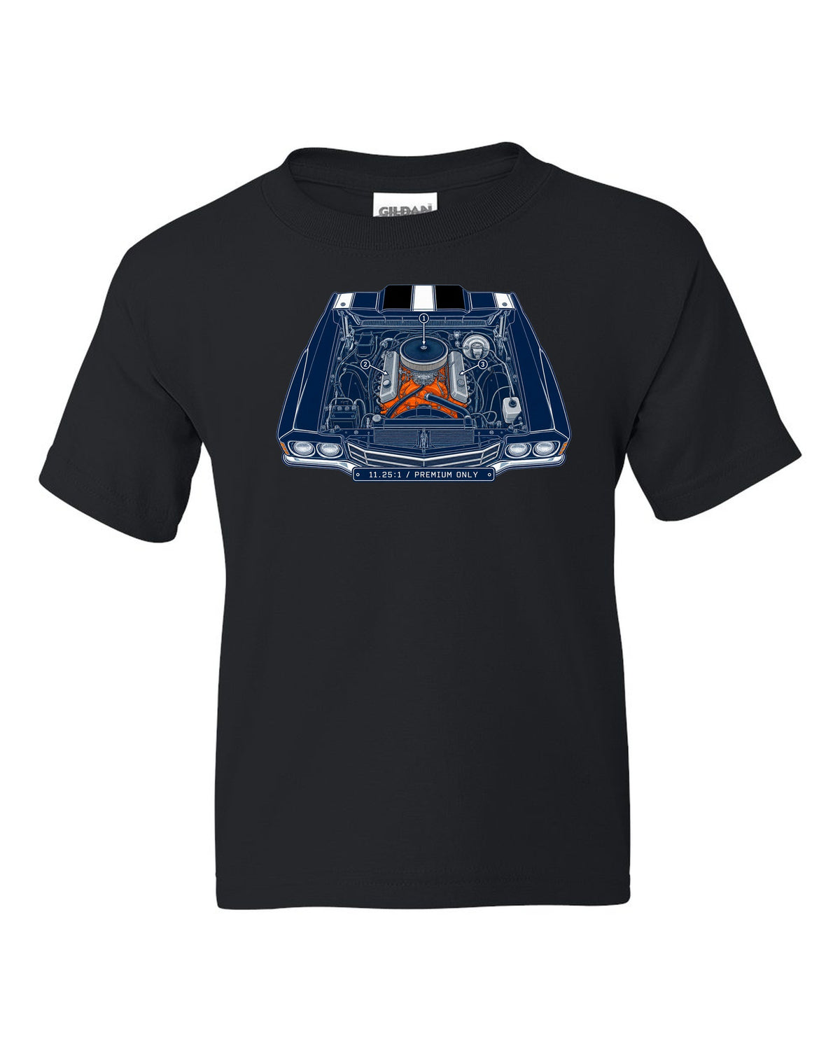 Patent blueprint drawing with numbered callouts of a 1970 Chevrolet Chevelle SS LS6 engine bay black kids tee front view with the design