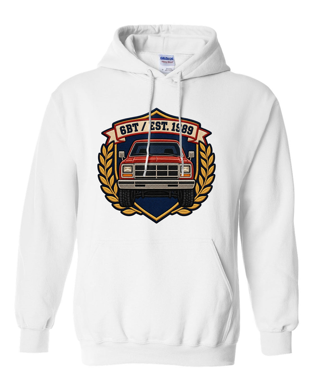 Varsity shield crest print for a first-generation Dodge Ram D250 6BT Cummins white pull over hoodie front view with the design