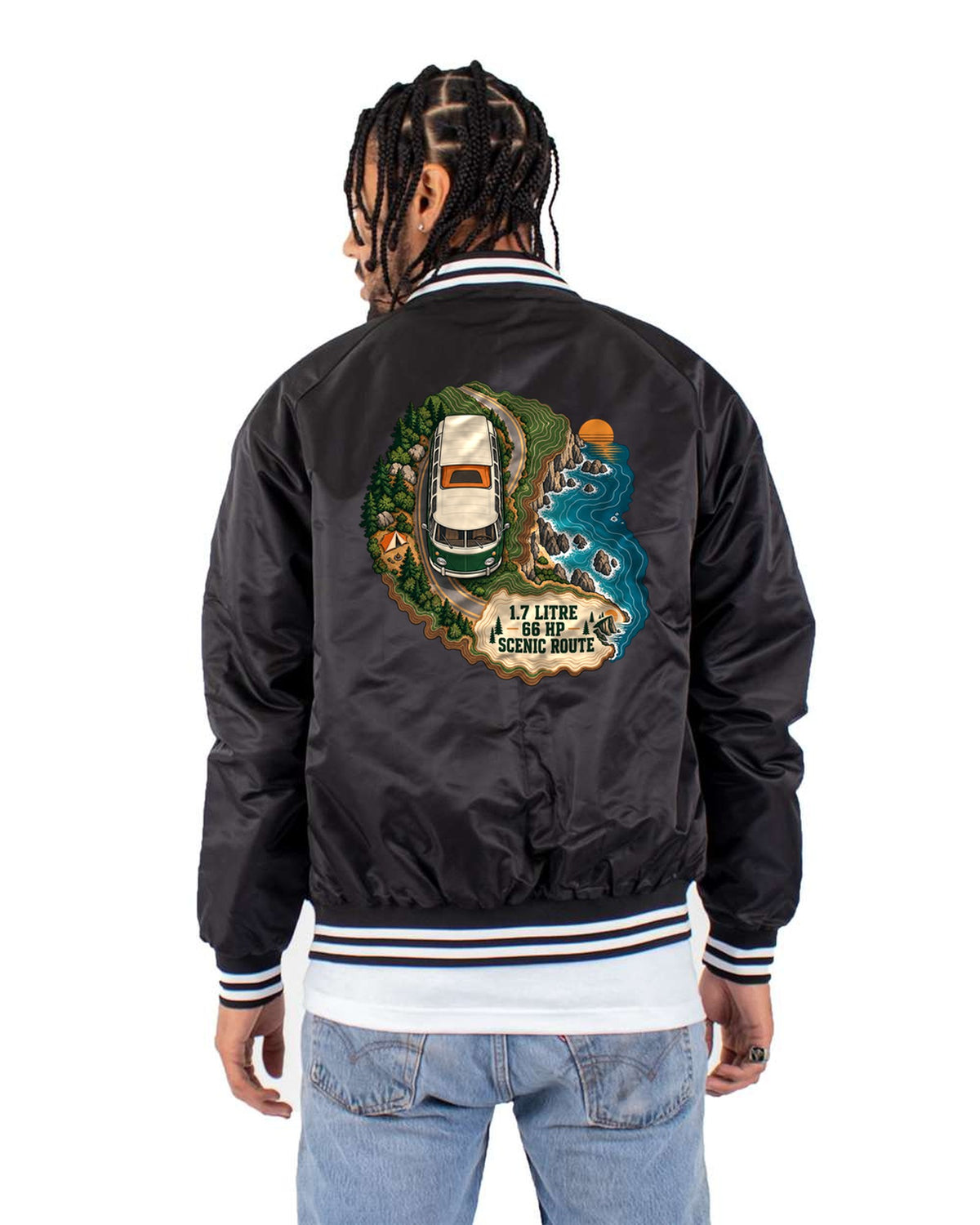 VW Bus T2 Bay Window 1972 Scenic Route Map Shirt Bomber Jacket Black back