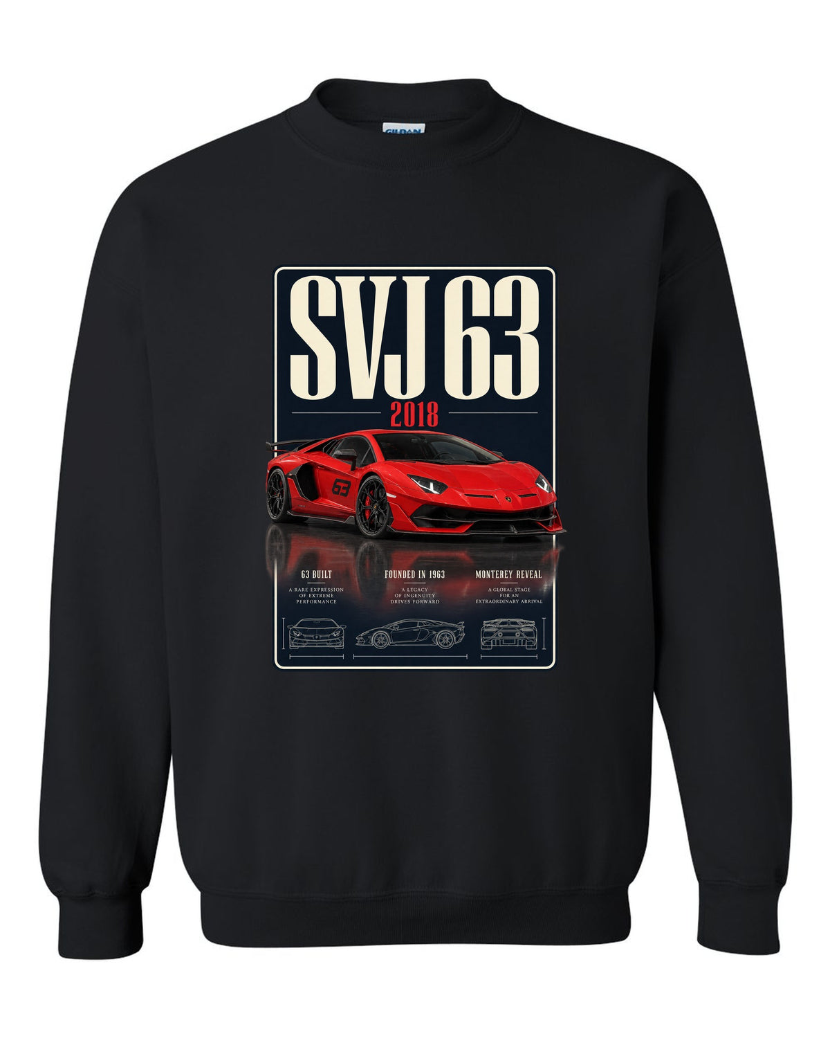 Archive panel print of the Lamborghini Aventador SVJ 63 limited edition black crewneck front view with the design