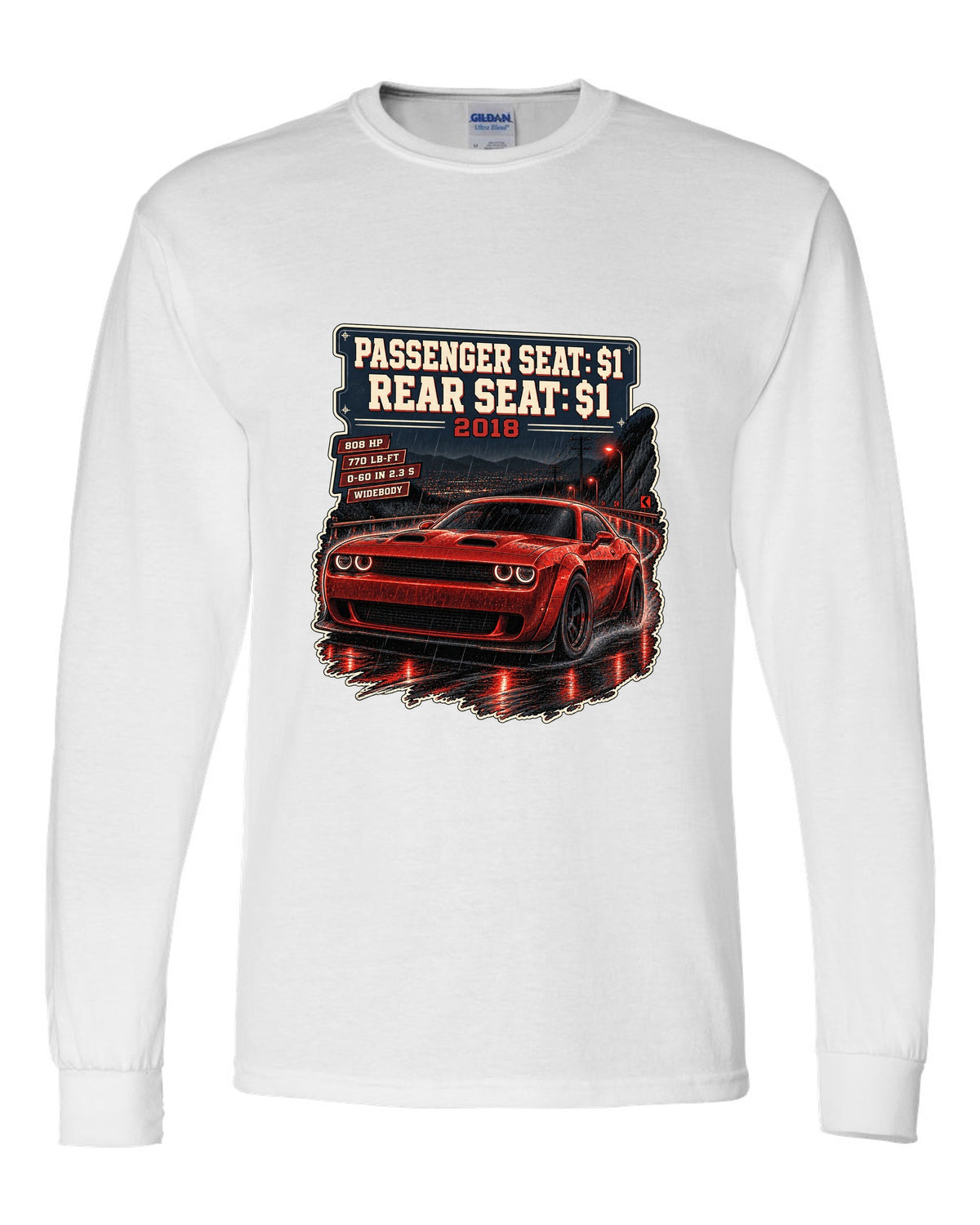 2018 Dodge Challenger SRT Demon on a night street print with seat price text white long sleeve front view with the design