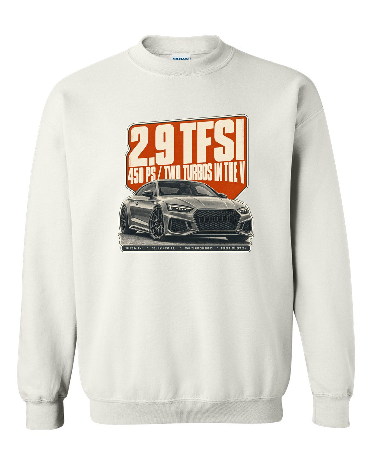 Halftone print of an Audi RS5 Coupe B9 with 2.9 TFSI and 450 PS text white crewneck front view with the design