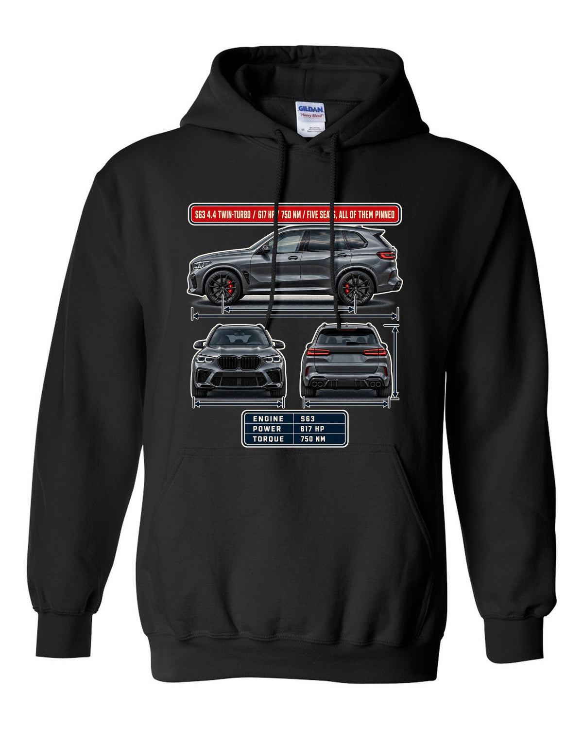 BMW X5 M Competition F95 three-view spec table print on a tee black pull over hoodie front view with the design