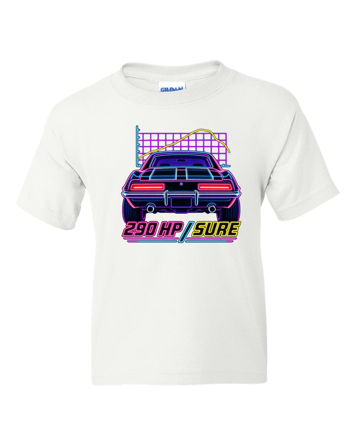 Neon synthwave outline of a 1969 Chevrolet Camaro Z/28 taillights with 290 HP lettering white kids tee front view with the design