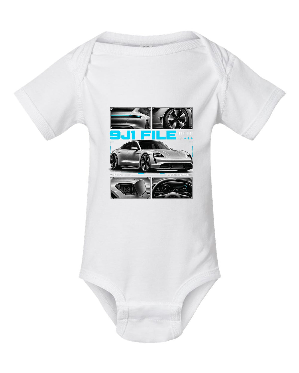 Porsche Taycan Turbo S 9J1 dossier panel design with charging figures white baby onesie front view with the design
