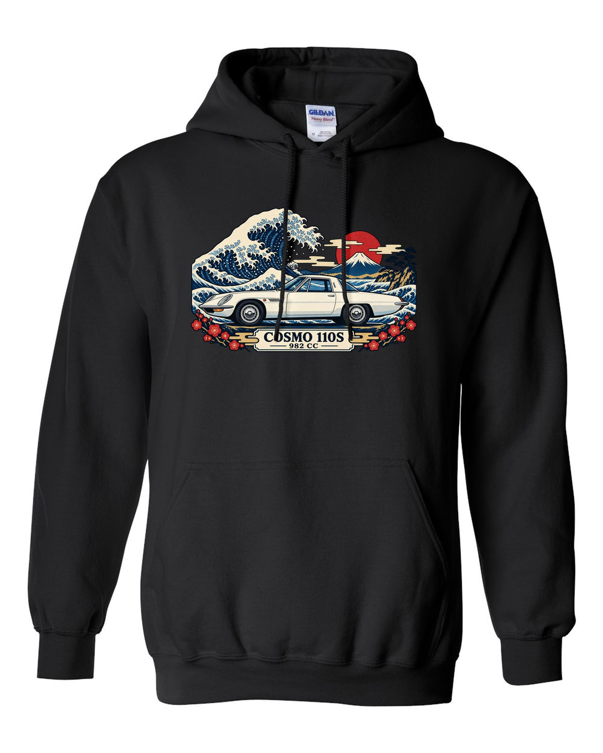 Ukiyo-e woodblock illustration of the Mazda Cosmo Sport 110S with a wave and 982 CC lettering black pull over hoodie front view with the design