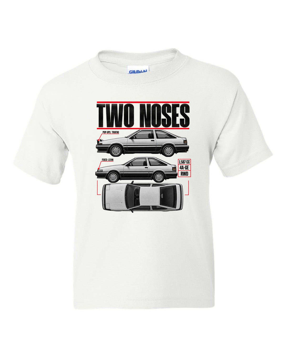 print spec poster of a Toyota AE86 Trueno and Levin in profile with pop-up and fixed headlights white kids tee front view with the design