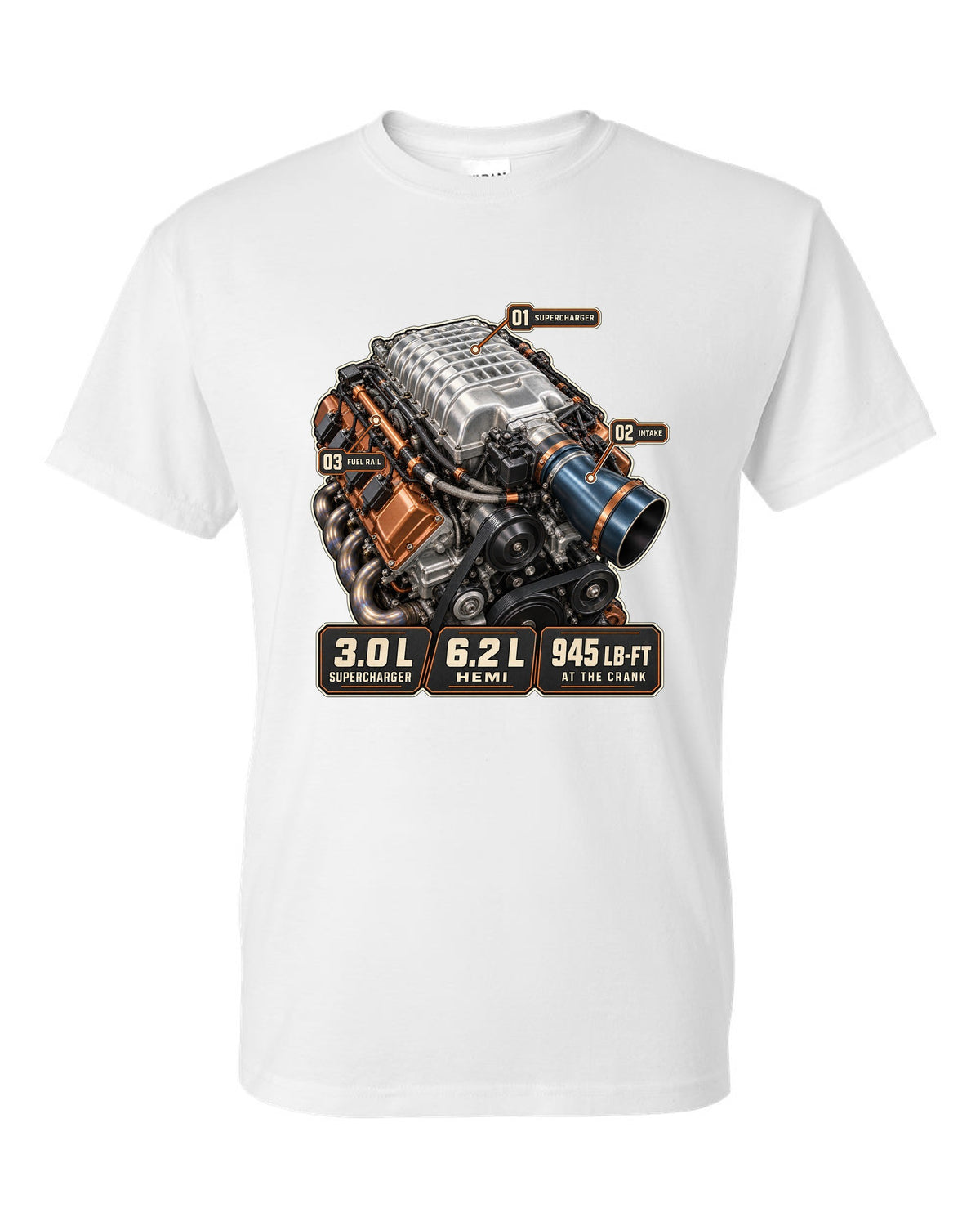 Dodge Challenger SRT Demon 170 supercharged Hemi engine hero print white t-shirt front view with the design