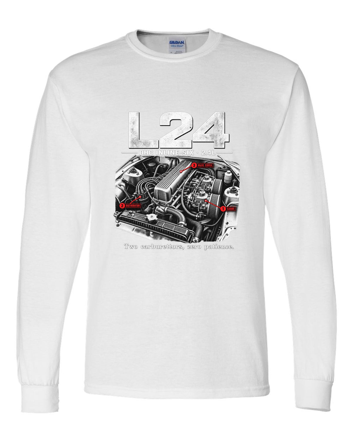 Engine bay print of a Datsun 240Z S30 L24 inline-six with carburettors white long sleeve front view with the design