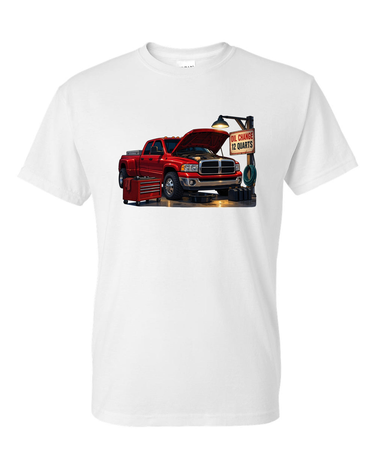 Cel-shaded anime night garage print of a red 2003-2009 Dodge Ram 3rd gen diesel with oil change text white t-shirt front view with the design