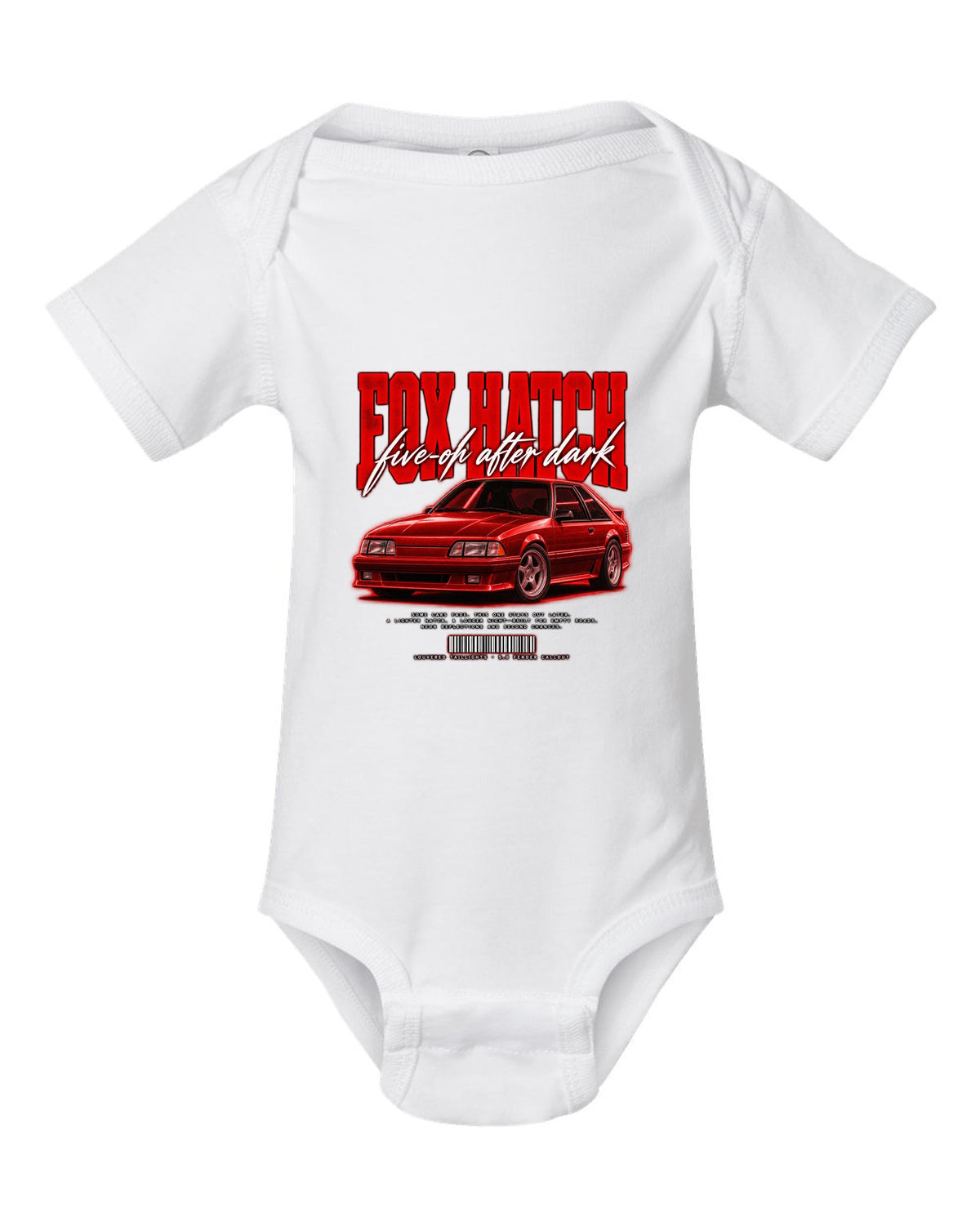 Street poster illustration of a Ford Mustang Fox body GT chback at night, five-oh after dark white baby onesie front view with the design