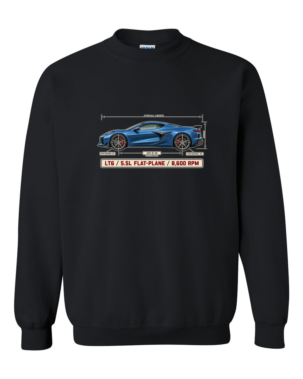 Dimension blueprint print of a Chevrolet Corvette C8 Z06 with LT6 5.5L flat-plane text black crewneck front view with the design