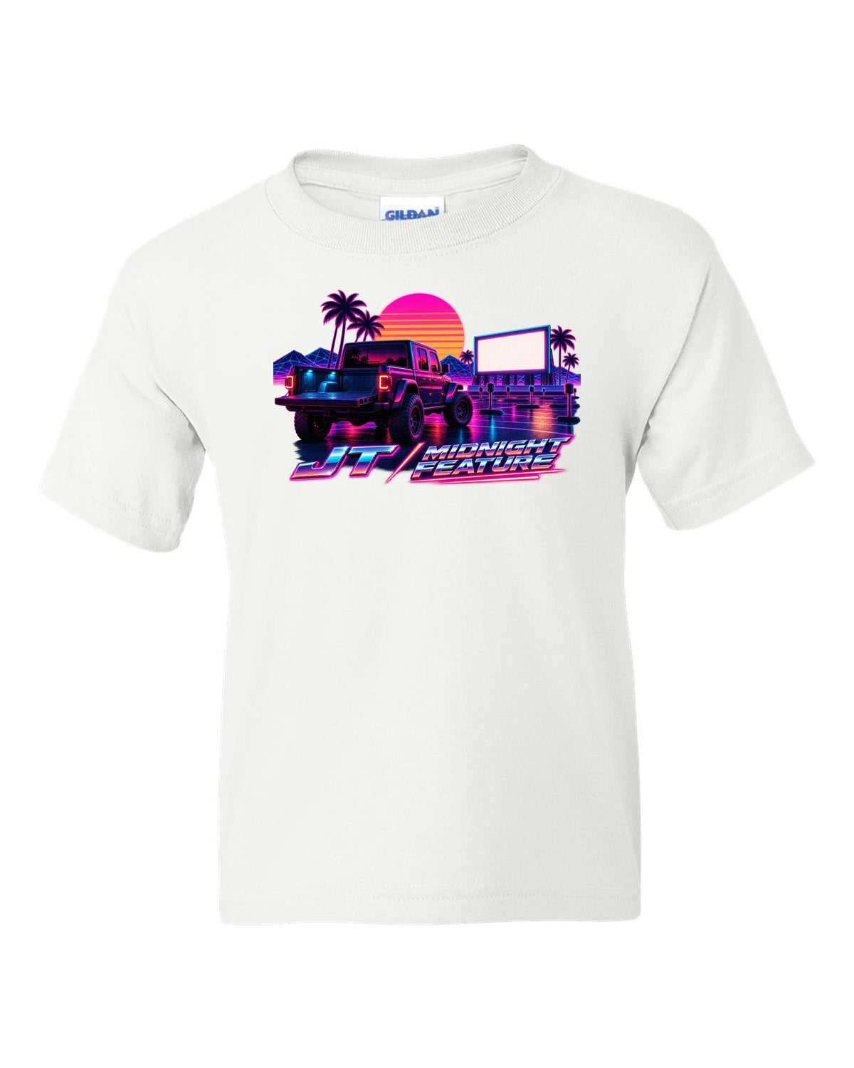 Jeep Gladiator JT synthwave outrun neon grid horizon with JT midnight feature text white kids tee front view with the design